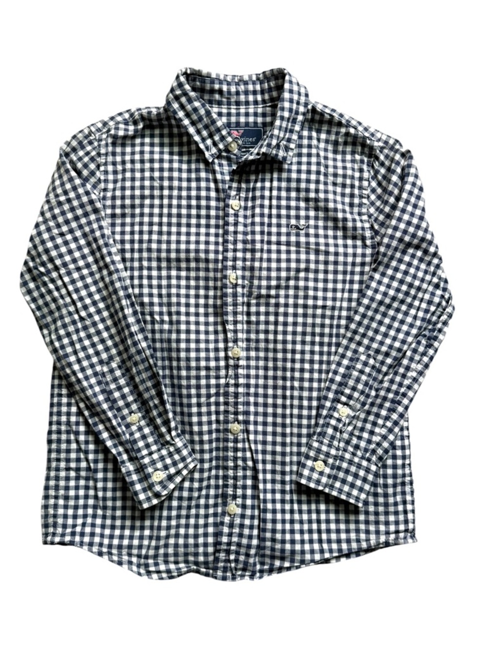 Vineyard Vines Boys 7 Gingham Performance Whale Button Down Shirt Navy White